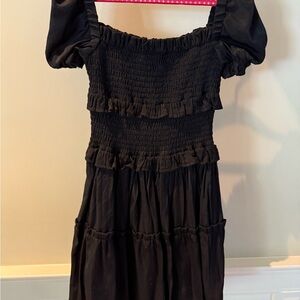 Black Smocked Dress with Puff Sleeves